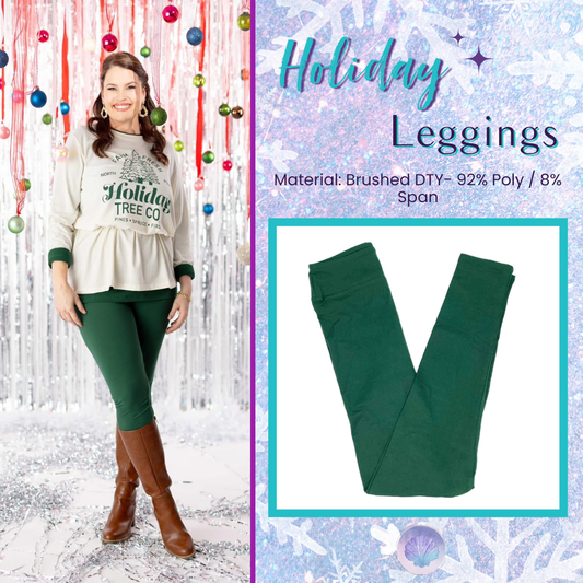 Model wearing solid dark green LuLaRoe leggings with a cream ‘Holiday Tree Co’ sweatshirt, brown boots, and festive hanging ornaments in the background. Flat lay of solid green LuLaRoe leggings on a white background with a winter snowflake border.