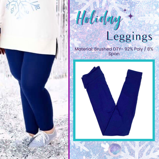 “Person wearing solid deep blue LuLaRoe leggings standing on snow-like ground with a white winter sweater and silver shoes.” “Flat lay of solid deep blue LuLaRoe leggings on a white background with a teal border and winter-themed backdrop.”