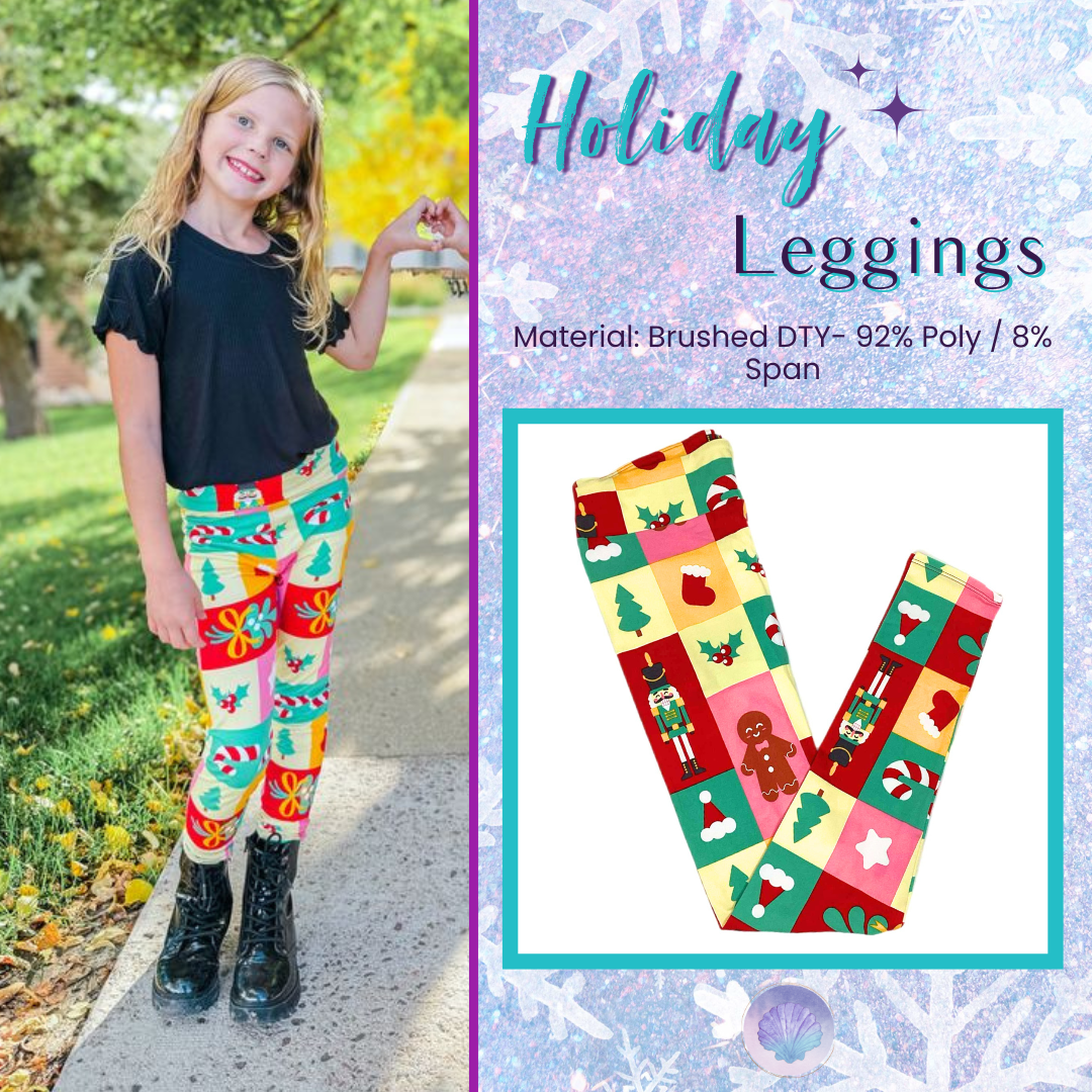 Colorful holiday leggings with gingerbread men, nutcrackers, trees and Christmas icons in a grid design, shown in a flat lay style next to a child wearing them outdoors.