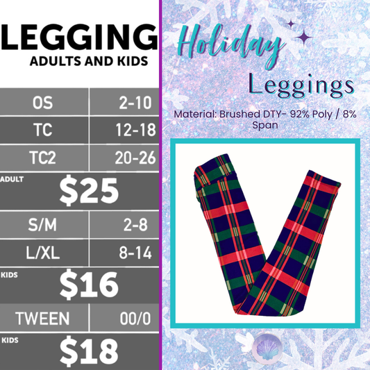 Red, green, and navy plaid holiday leggings displayed in a flat lay with kids and adult sizes available.