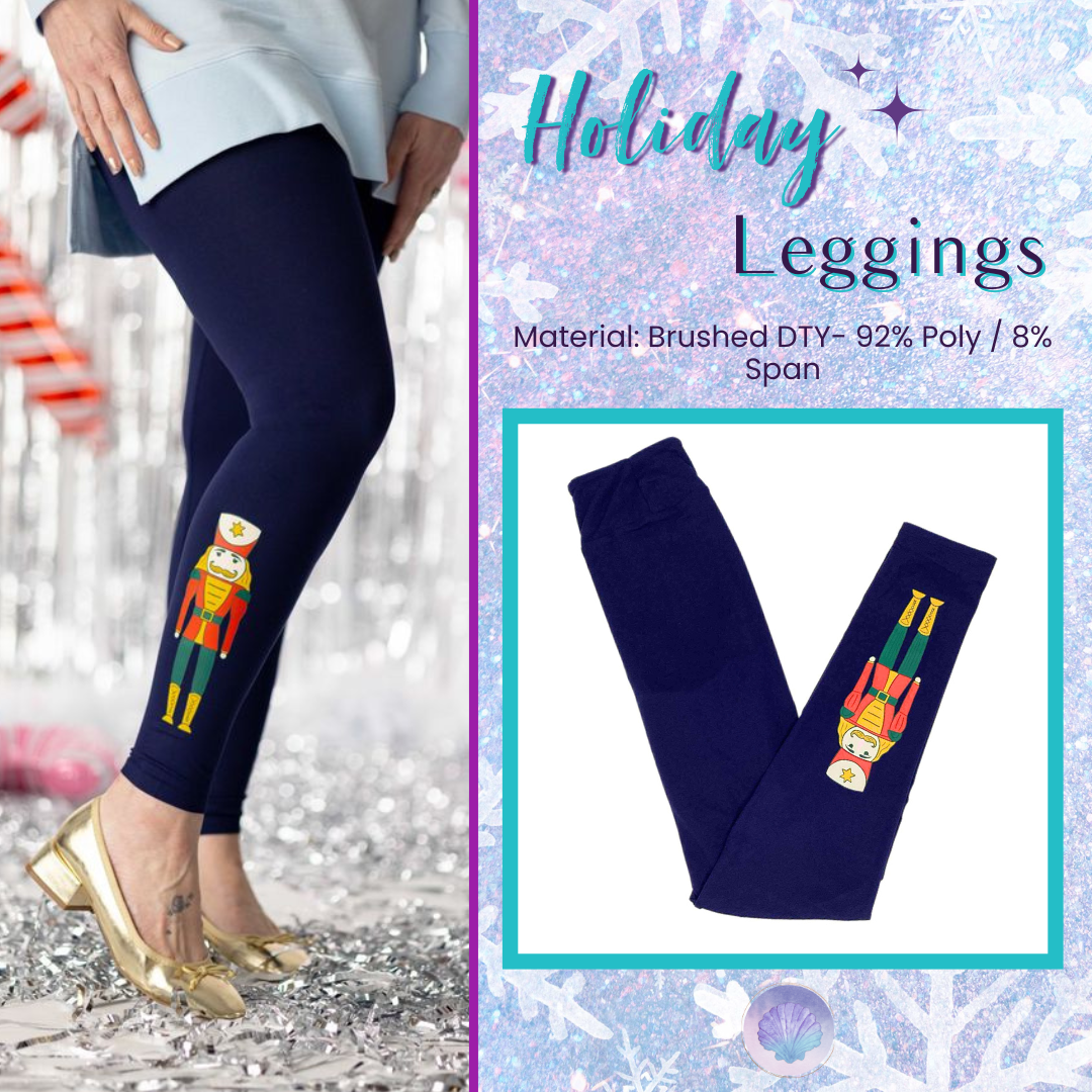 Navy LuLaRoe holiday leggings featuring a colorful nutcracker soldier printed along the lower outer leg, shown worn with gold shoes. Flat lay of navy LuLaRoe holiday leggings with a marching toy nutcracker design on lower right leg