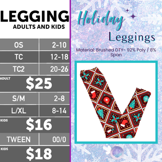 Flat lay photo of LuLaRoe leggings featuring a retro Christmas ornament print with Santa hats, Christmas trees, and geometric diamond shapes on a burgundy background. LuLaRoe holiday leggings with red, green, and white ornament icons arranged in a repeating diagonal grid pattern, photographed against a winter-themed backdrop.