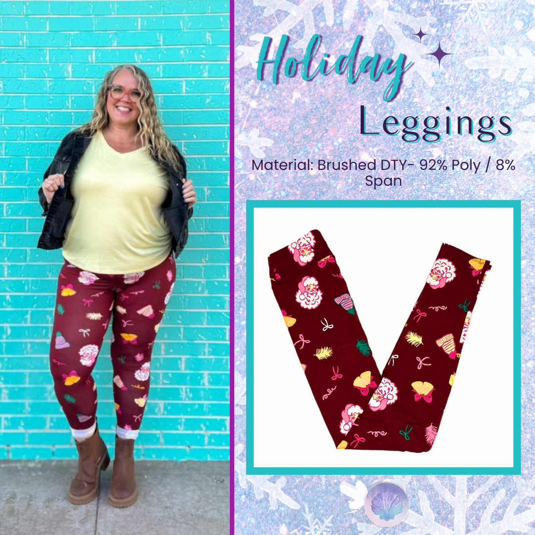Burgundy Christmas leggings with Santa faces, presents, bows, and ornaments in a festive holiday print