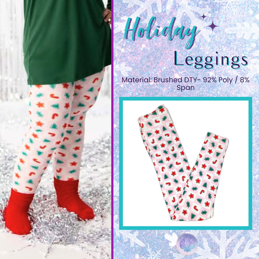Model wearing white leggings printed with red stars, green Christmas trees, and candy cane shapes, paired with a green top and red socks standing on sparkly silver tinsel . Flat lay of white LuLaRoe Christmas leggings with colorful holiday cookie icons in a square grid pattern displayed against a winter-themed background.