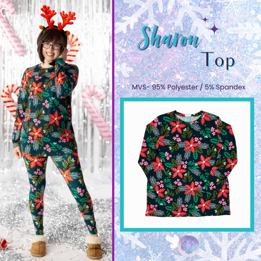 Person wearing a festive outfit with a floral pattern, surrounded by candy canes and reindeer antlers on a snowy background.