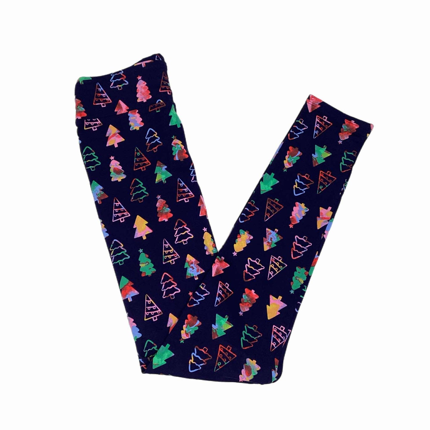 Navy leggings with colorful geometric pattern on a white background