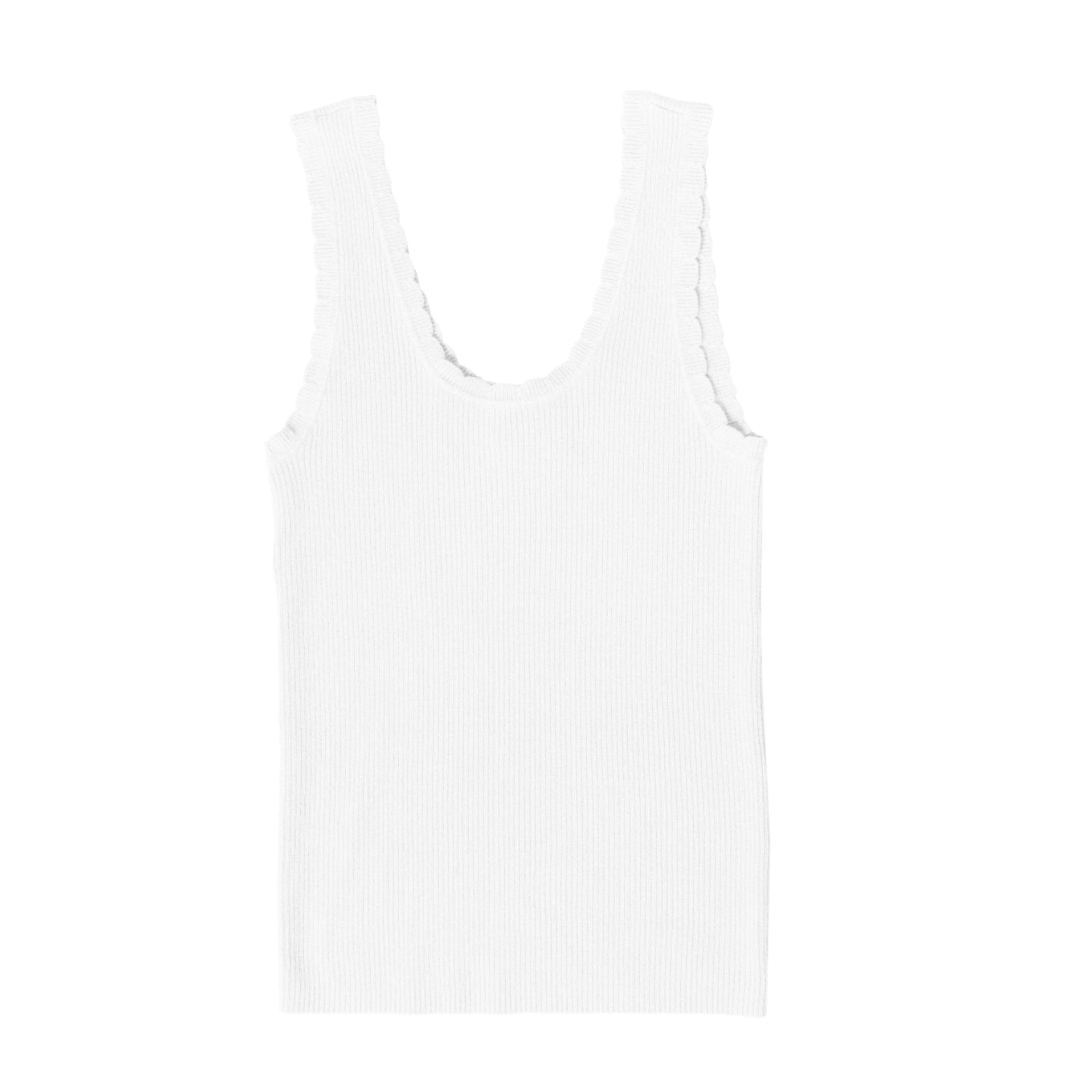 LuLaRoe Maydene Scallop Edge Tank in Solid White with rib knit fabric, fitted silhouette, and scalloped neckline and arm openings. Alternate product image.