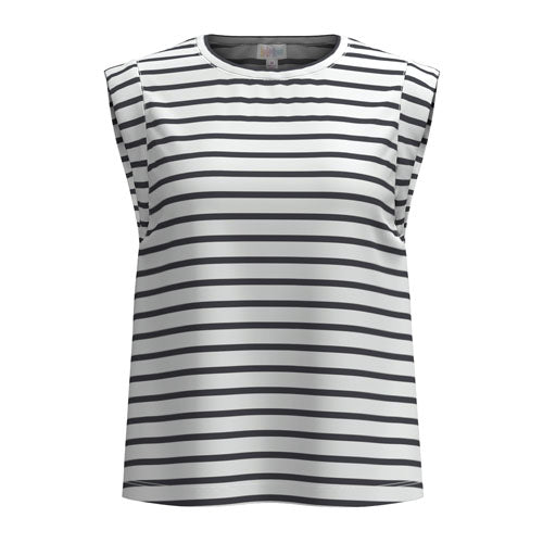 LuLaRoe Suzanne Cap Sleeve Top in Charcoal Stripe featuring soft charcoal gray horizontal stripes on a white background, relaxed fit, cap sleeves, crew neckline, and a curved hem.