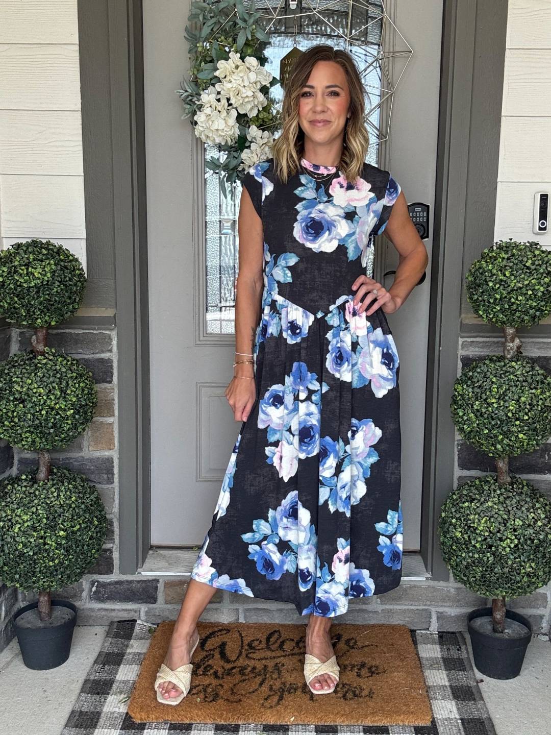 LuLaRoe Cassandra Cap Sleeve Midi Dress – Charcoal Black with Blue & Blush Pink Watercolor Roses – view 3
