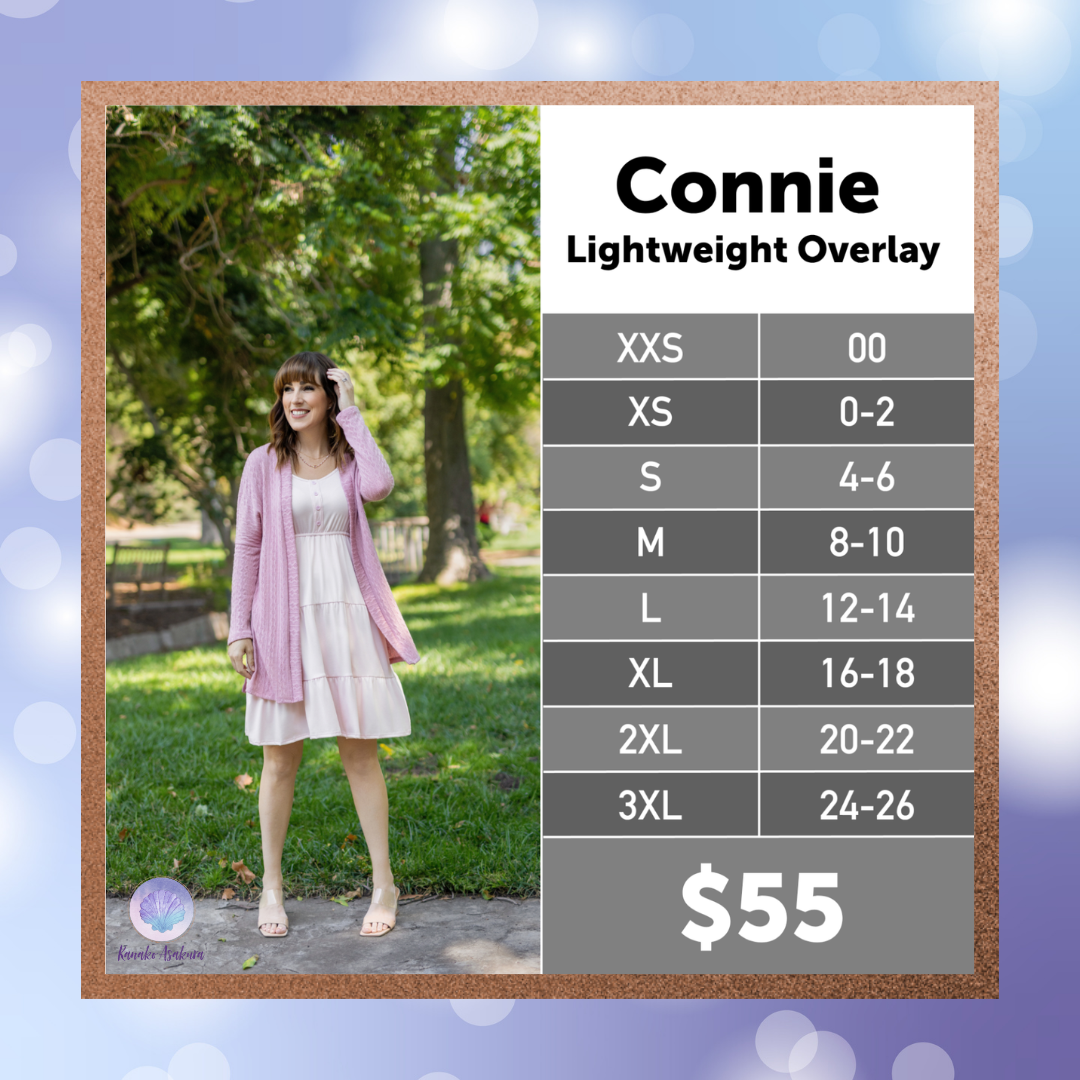 LuLaRoe Connie Lightweight Overlay size chart.