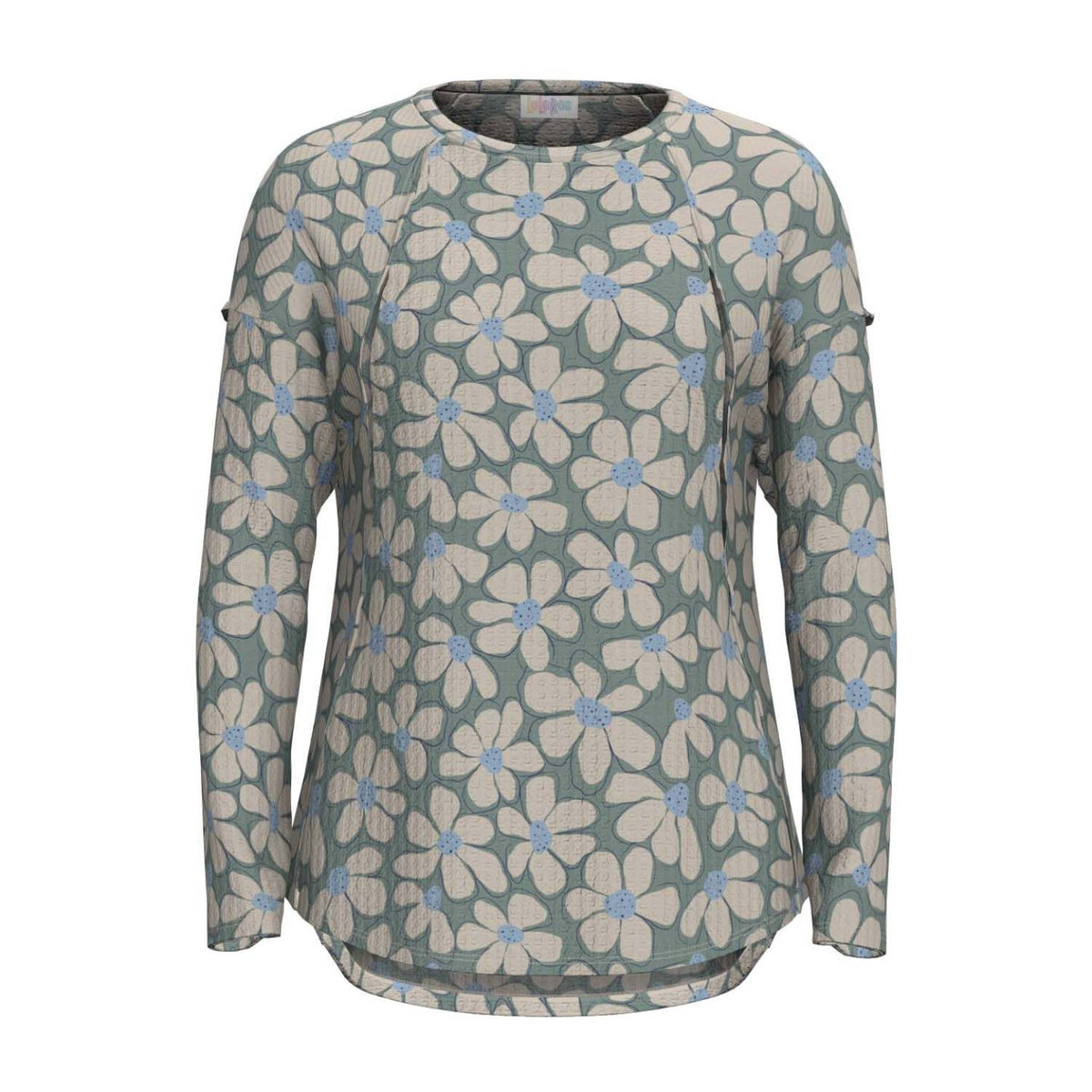 LuLaRoe Tina Mixed Media Long Sleeve Top Dusty Sage & Ivory Retro Daisy Floral – color and print detail