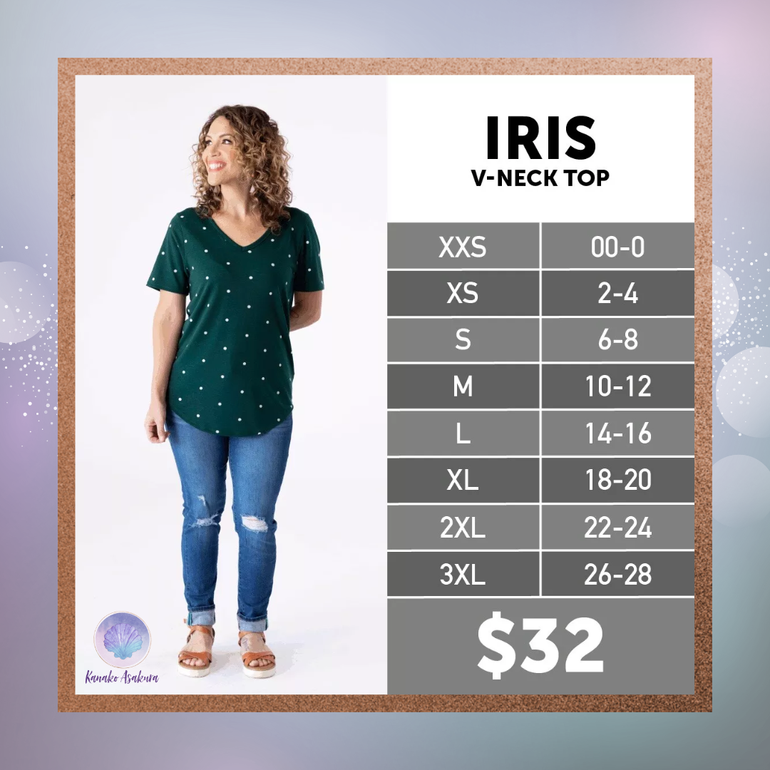 LuLaRoe Iris Tee style detail image showing the tunic-length top silhouette with rounded v-neckline, relaxed short sleeves, and shirttail hem.