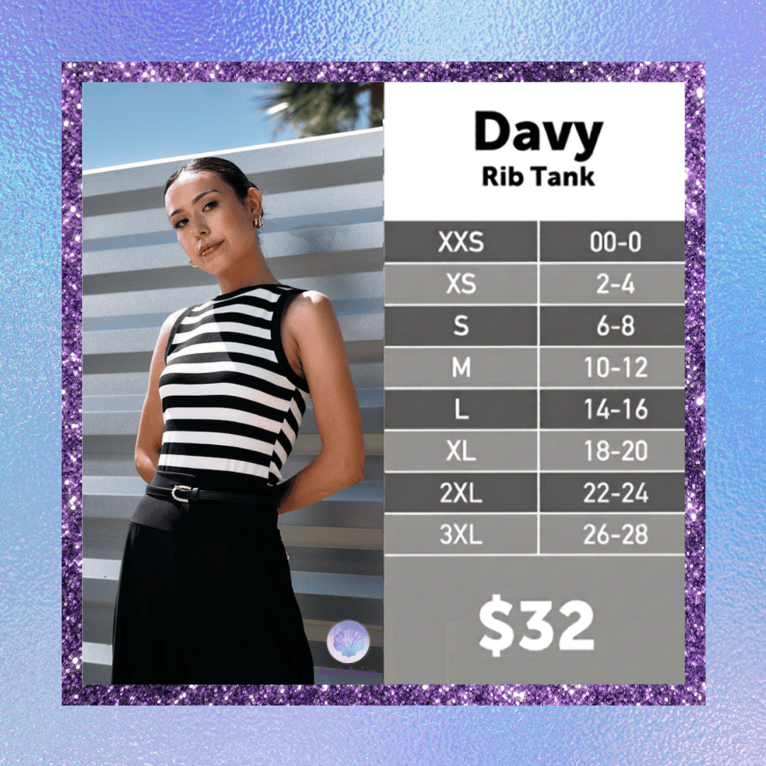 LuLaRoe Davy Rib Tank size chart for women’s sizes XXS through 3XL.