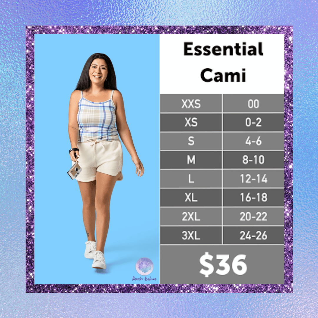 LuLaRoe Essential Cami 2-Pack size chart for women's sizes XXS through 3XL