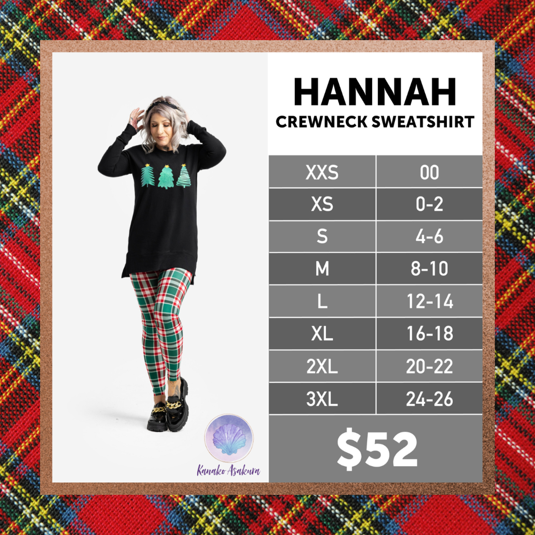 LuLaRoe Hannah crewneck sweatshirt with size chart and price on a tartan patterned background