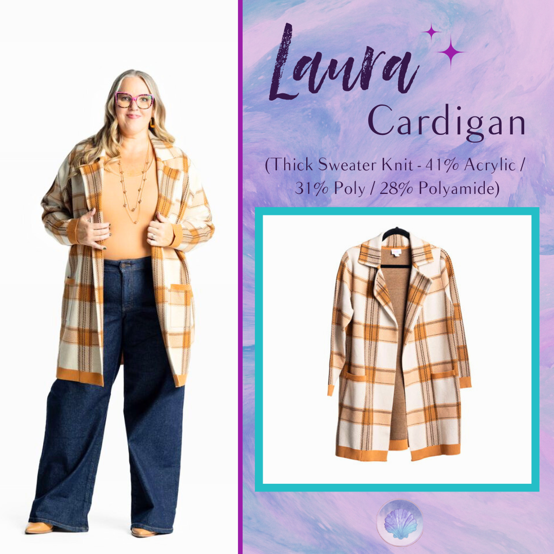 LuLaRoe Laura Lapel Open Cardigan – Honeyed Windowpane Plaid Layer