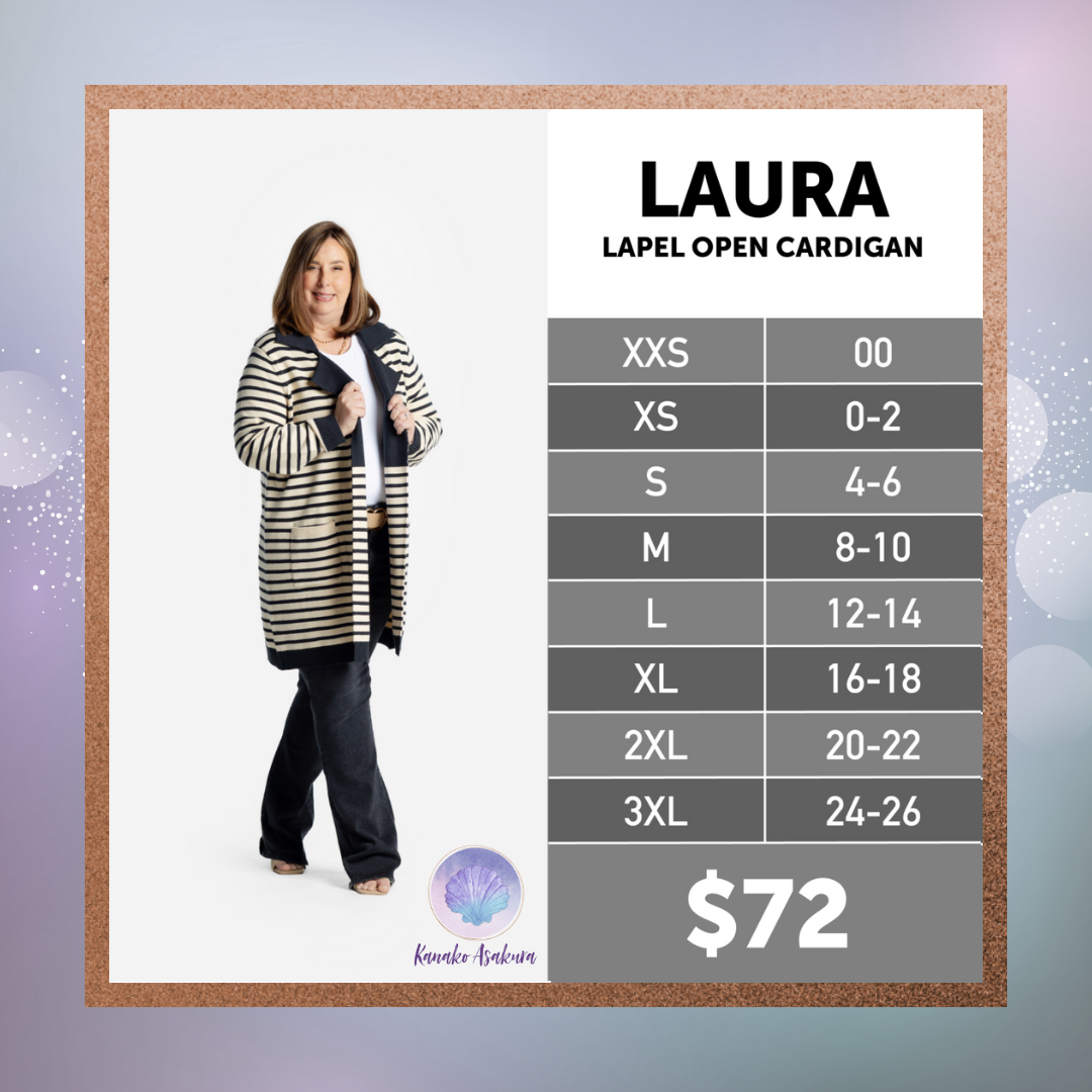 LuLaRoe Laura Cardigan size chart with a model wearing a striped cardigan on a light purple background