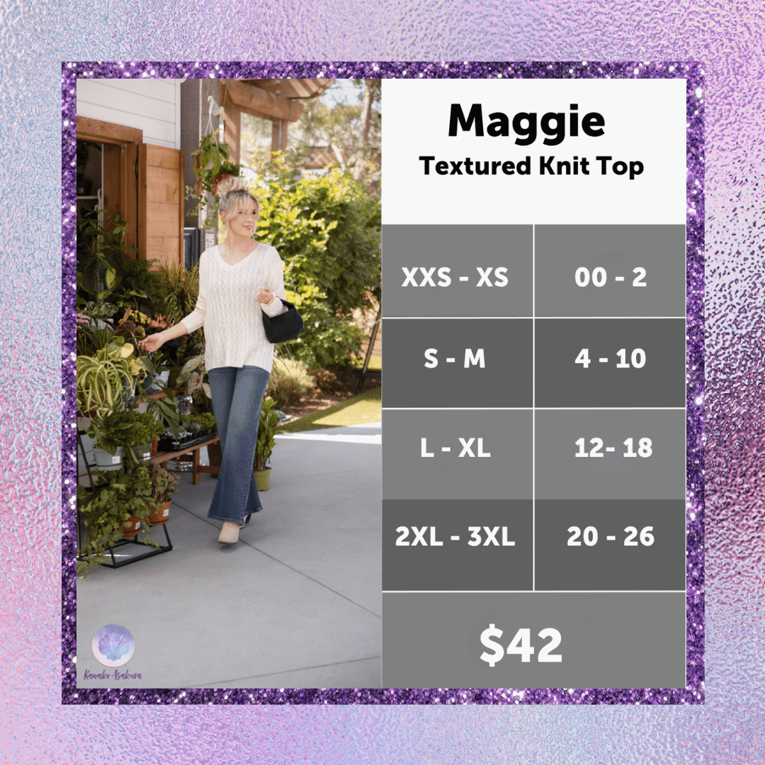 LuLaRoe Maggie Textured Knit Top size chart for XXS/XS through 2XL/3XL