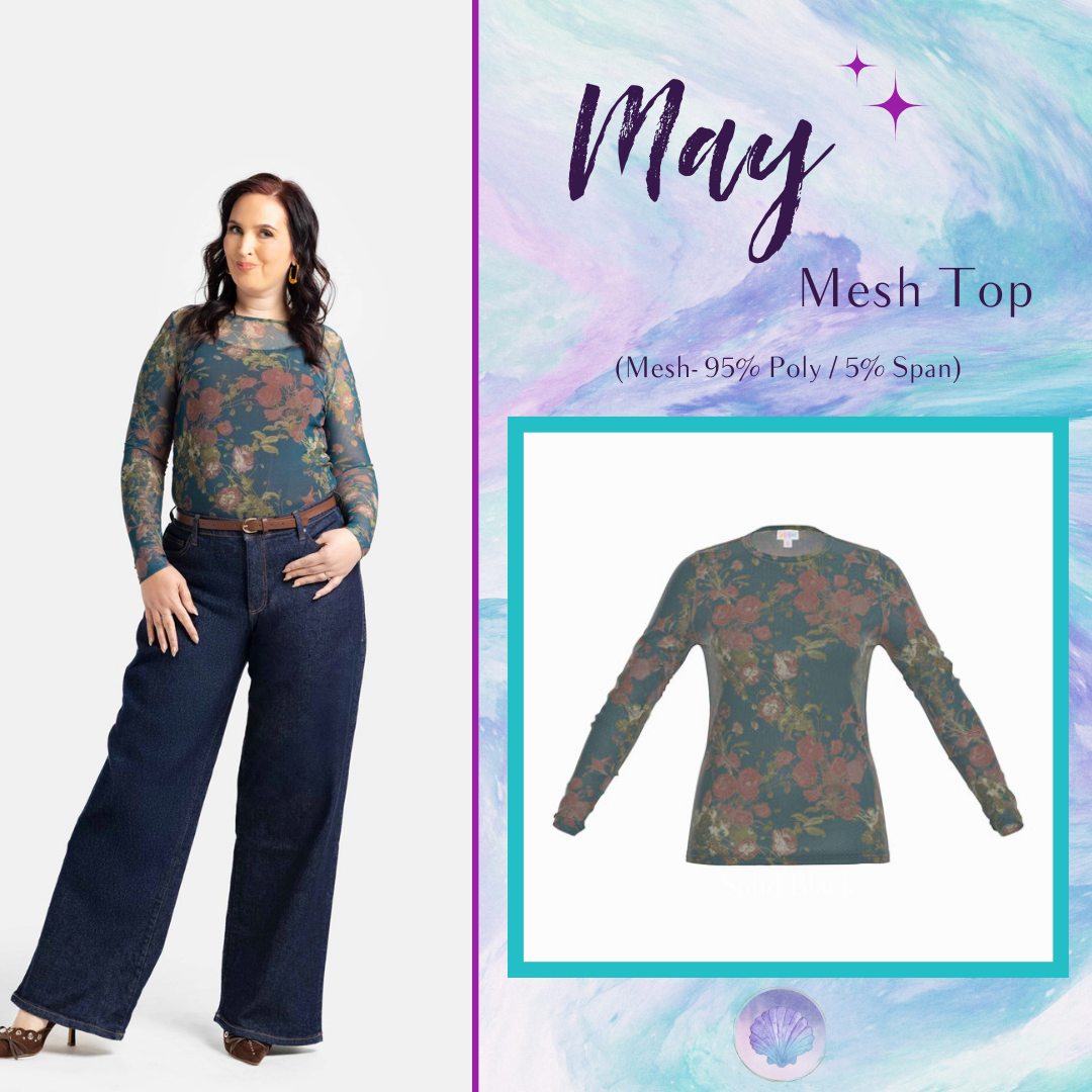 Woman wearing a floral mesh top with a close-up inset on a light purple background