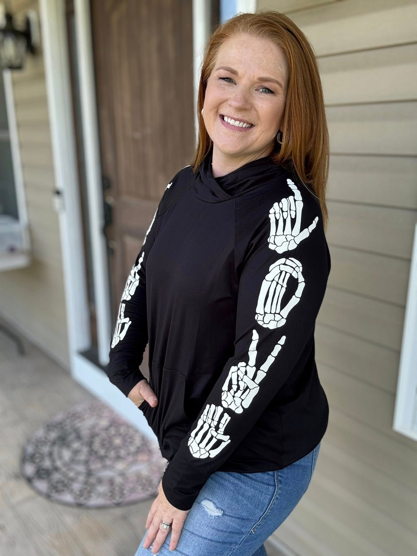 LuLaRoe Halloween 2025 - Amber Hoodie - Skeleton Love Sign Sleeves