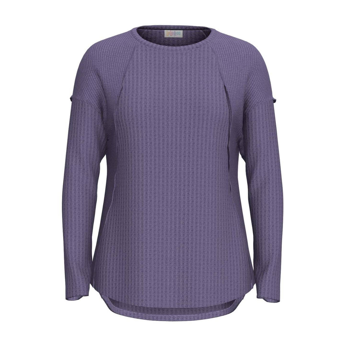 LuLaRoe Tina Mixed Media Long Sleeve Top Solid Dusty Violet Purple – color and print detail
