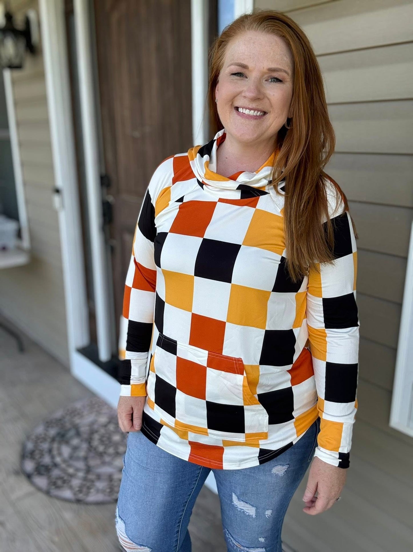 LuLaRoe Halloween 2025 - Amber Hoodie - Candy Corn Checkmate