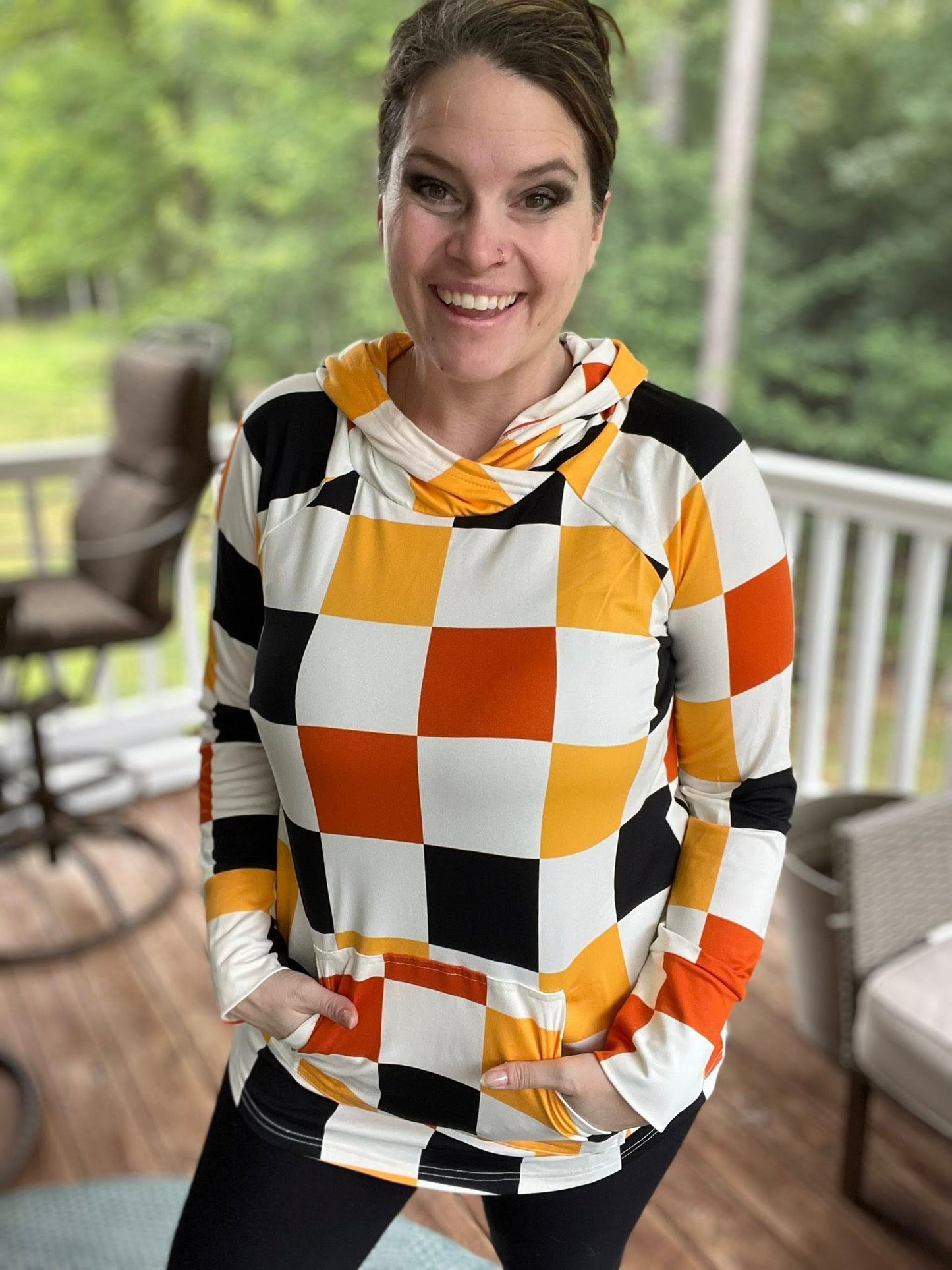 LuLaRoe Halloween 2025 - Amber Hoodie - Candy Corn Checkmate
