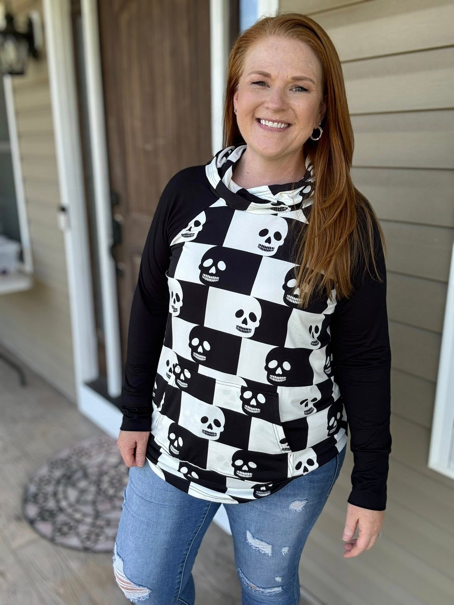 LuLaRoe Halloween 2025 - Amber Hoodie - Checkered Skulls