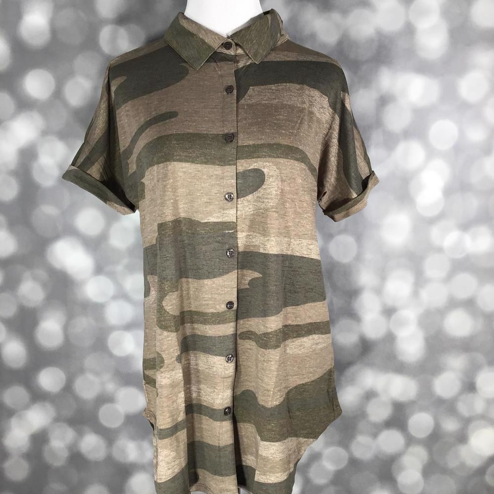 LuLaRoe Charlie Button Up Shirt in brown camo print with short sleeves and button front