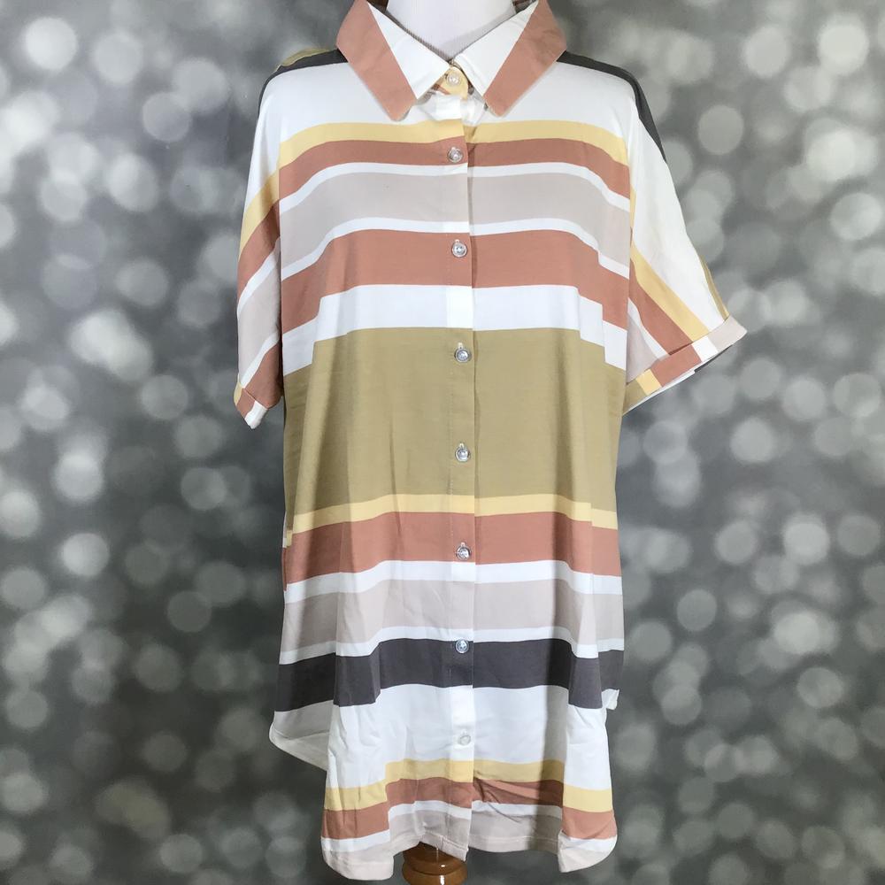 Front view of mannequin wearing LuLaRoe Charlie Button Up Shirt in tan, mustard, rust, and ivory earth tone stripe print with short sleeves and button front against a blurred gray background