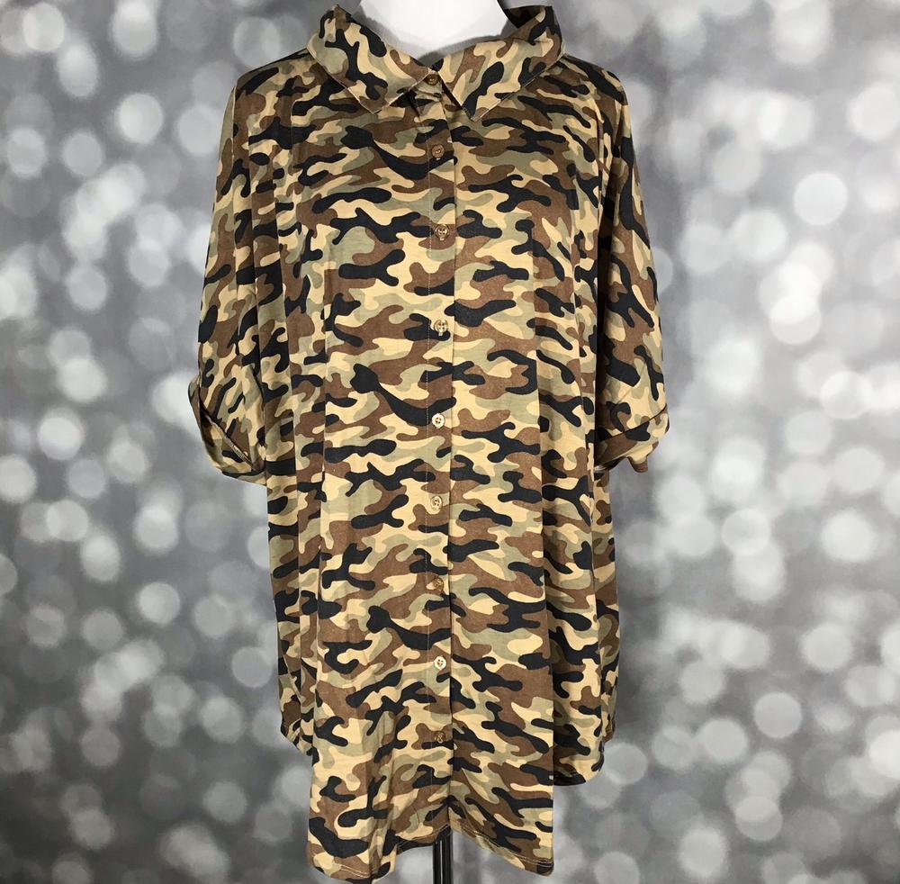 Front view of mannequin wearing LuLaRoe Charlie Button Up Shirt in tan, olive, and brown woodland camo print with short sleeves and button front against a blurred background