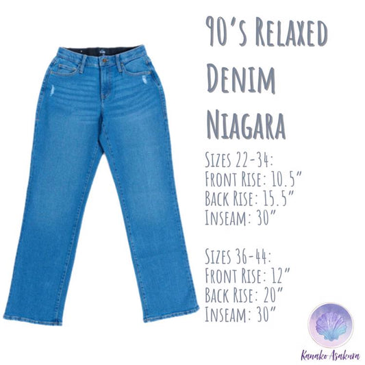 90's Relaxed Denim - Niagara Denim showcasing a casual fit with mid-rise magic waistband and straight leg design. Perfect for a laid-back 90s vibe, available in sizes 22-44.