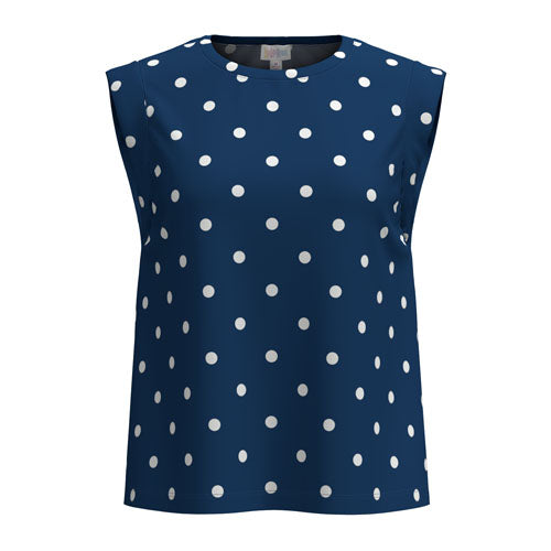 LuLaRoe Suzanne Cap Sleeve Top in Royal Blue Polka Dot featuring a vibrant royal blue background with classic white polka dots, relaxed fit, cap sleeves, and a curved hem.
