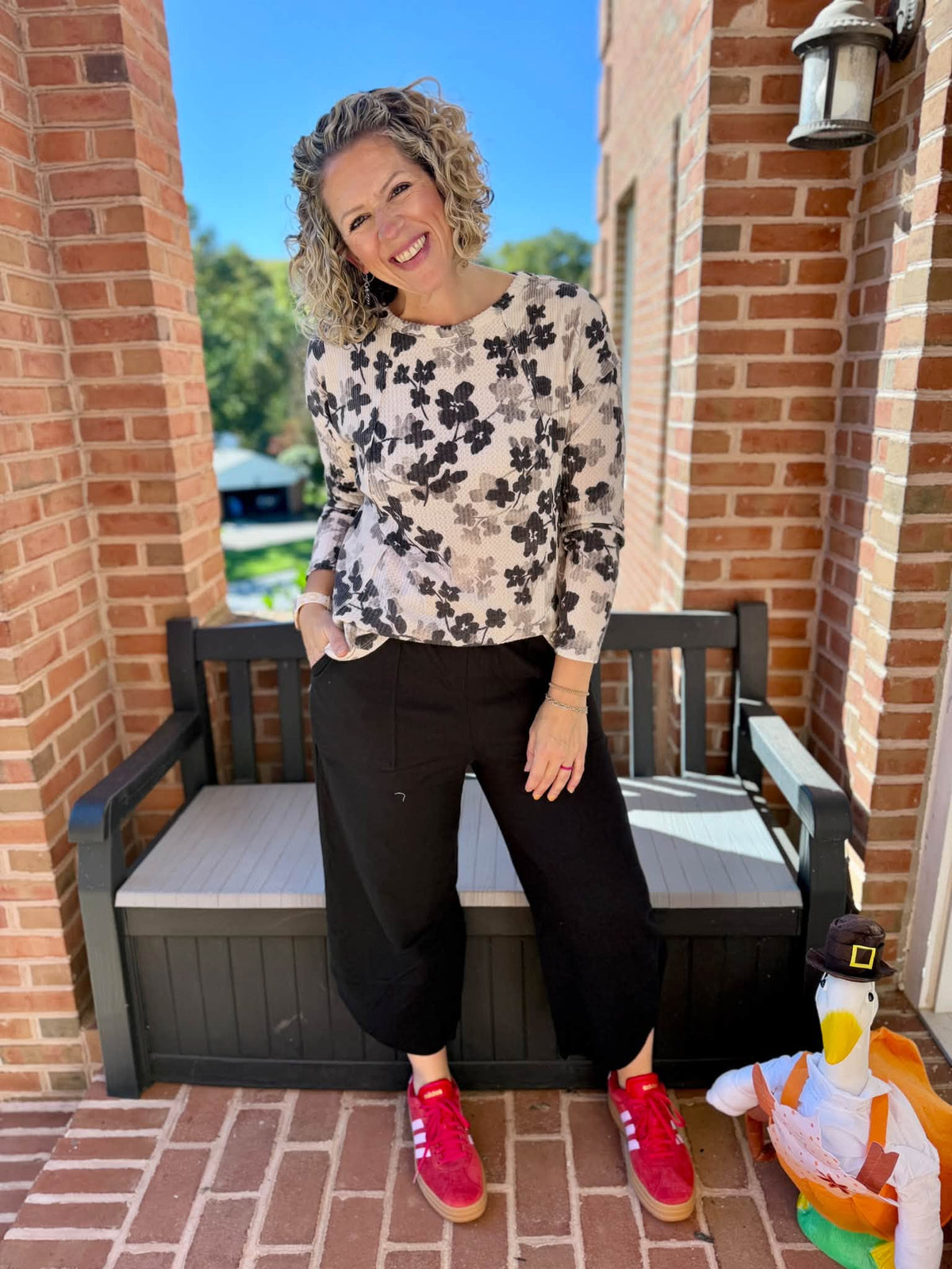 LuLaRoe LuLaRoe Tina Mixed Media Long Sleeve Top – Ivory Black & Gray Floral