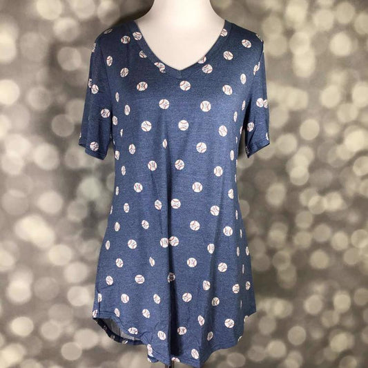 LuLaRoe Iris Top in blue with allover baseball print, featuring V-neckline and high-low hem