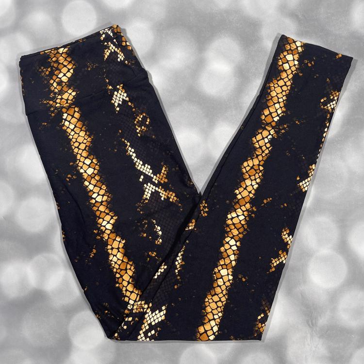 LuLaRoe black and brown snake print leggings with golden reptile scale design in buttery-soft Brushed DTY fabric
