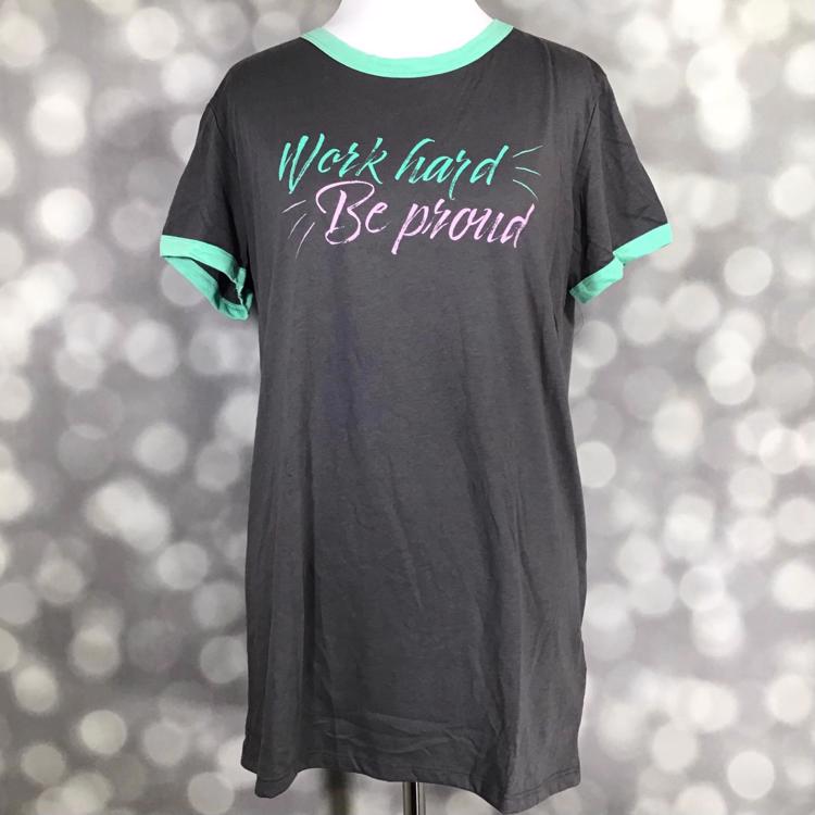 Front view of mannequin wearing LuLaRoe Liv Tee in gray with mint trim and Work Hard Be Proud graphic text across the chest