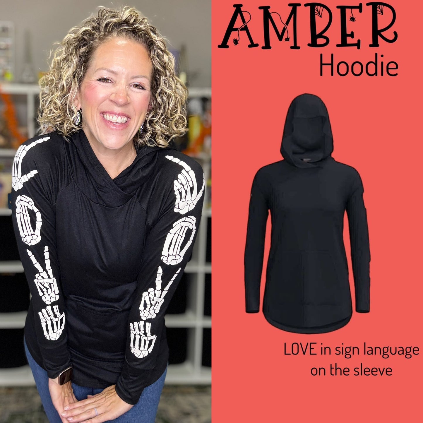 LuLaRoe Halloween 2025 - Amber Hoodie - Skeleton Love Sign Sleeves