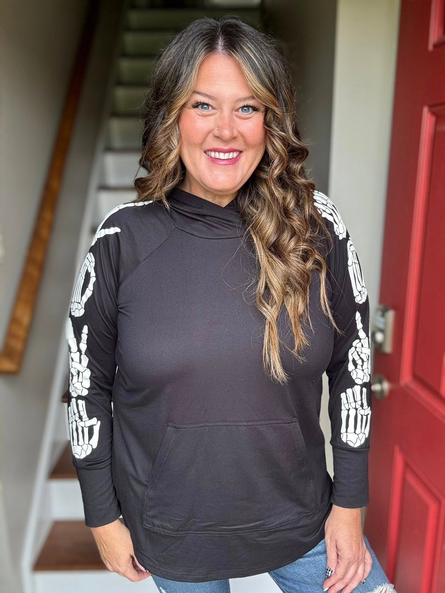 LuLaRoe Halloween 2025 - Amber Hoodie - Skeleton Love Sign Sleeves