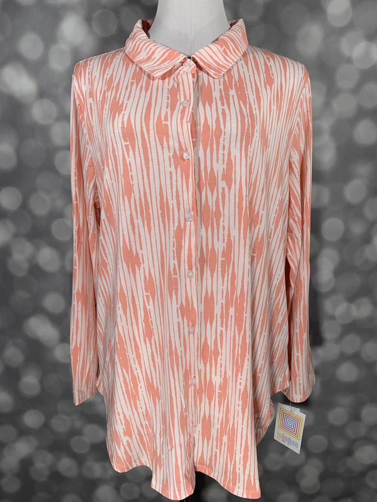 LuLaRoe button-down top with long sleeves featuring peach and white vertical ikat-style stripe pattern