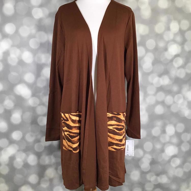 LuLaRoe Caroline cardigan in brown with tiger print pocket accents, open front, and mid-thigh length.