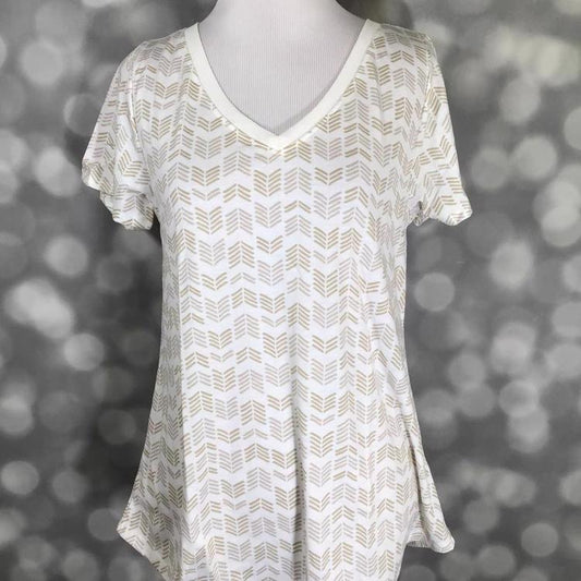 LuLaRoe Christy T in white with gold chevron arrow print