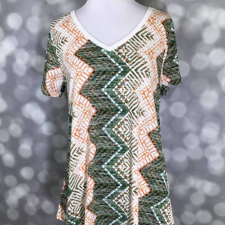 LuLaRoe Christy T in green and orange chevron mosaic print with short sleeves and v-neckline