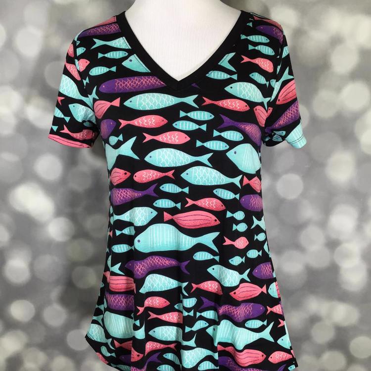 LuLaRoe Christy T in black with multicolor fish print
