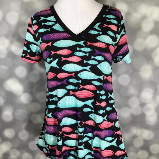 LuLaRoe Christy T in black with multicolor fish print
