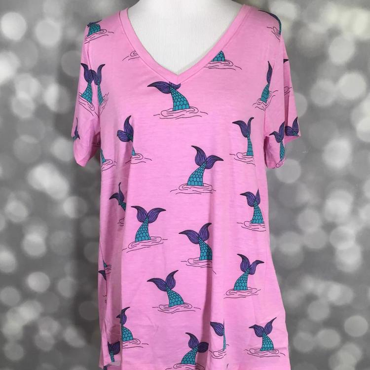 LuLaRoe Christy T in pink with mermaid tail print