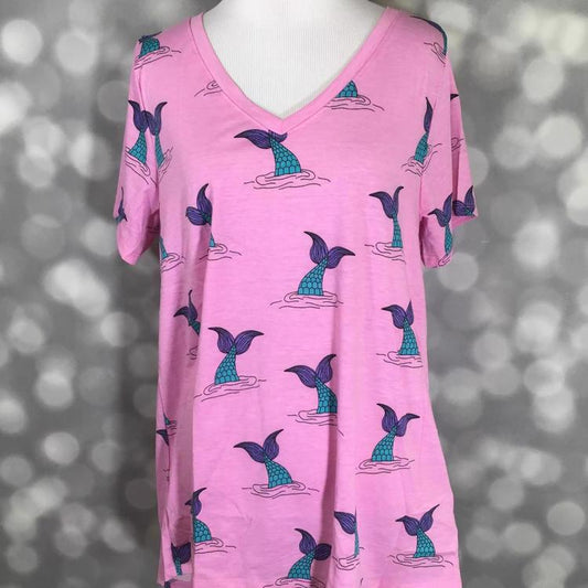 LuLaRoe Christy T in pink with mermaid tail print