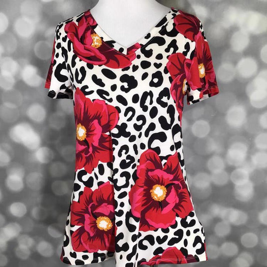 LuLaRoe Christy T in black leopard with oversized red floral print