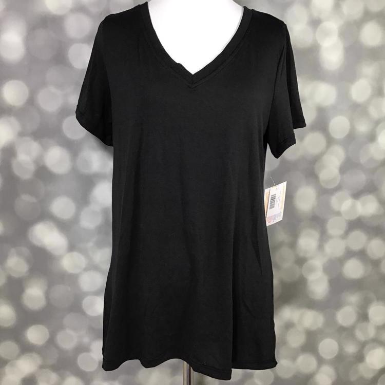 LuLaRoe Christy T in solid black featuring a flattering V-neckline and short sleeves, perfect for everyday layering or solo styling.