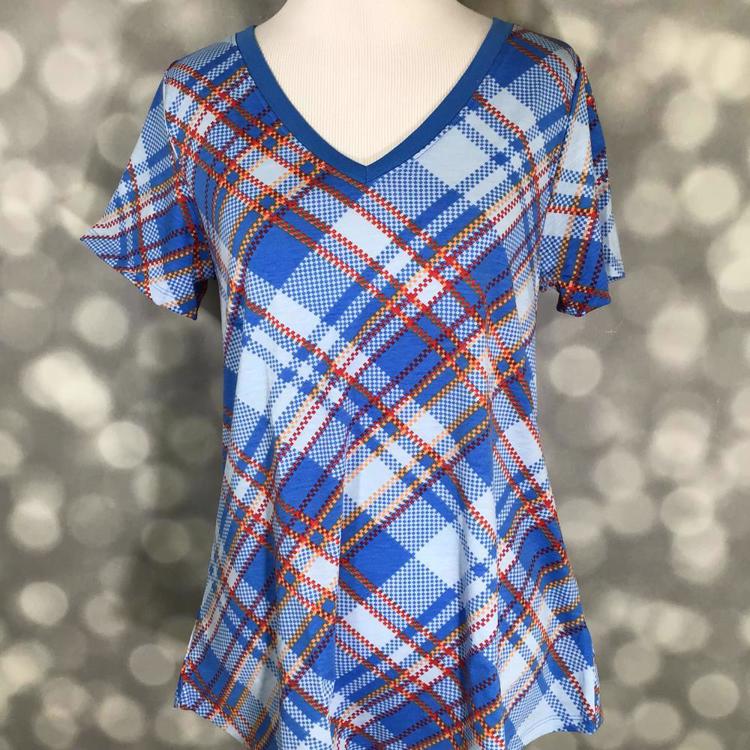 LuLaRoe Christy T in blue plaid with orange and red accents